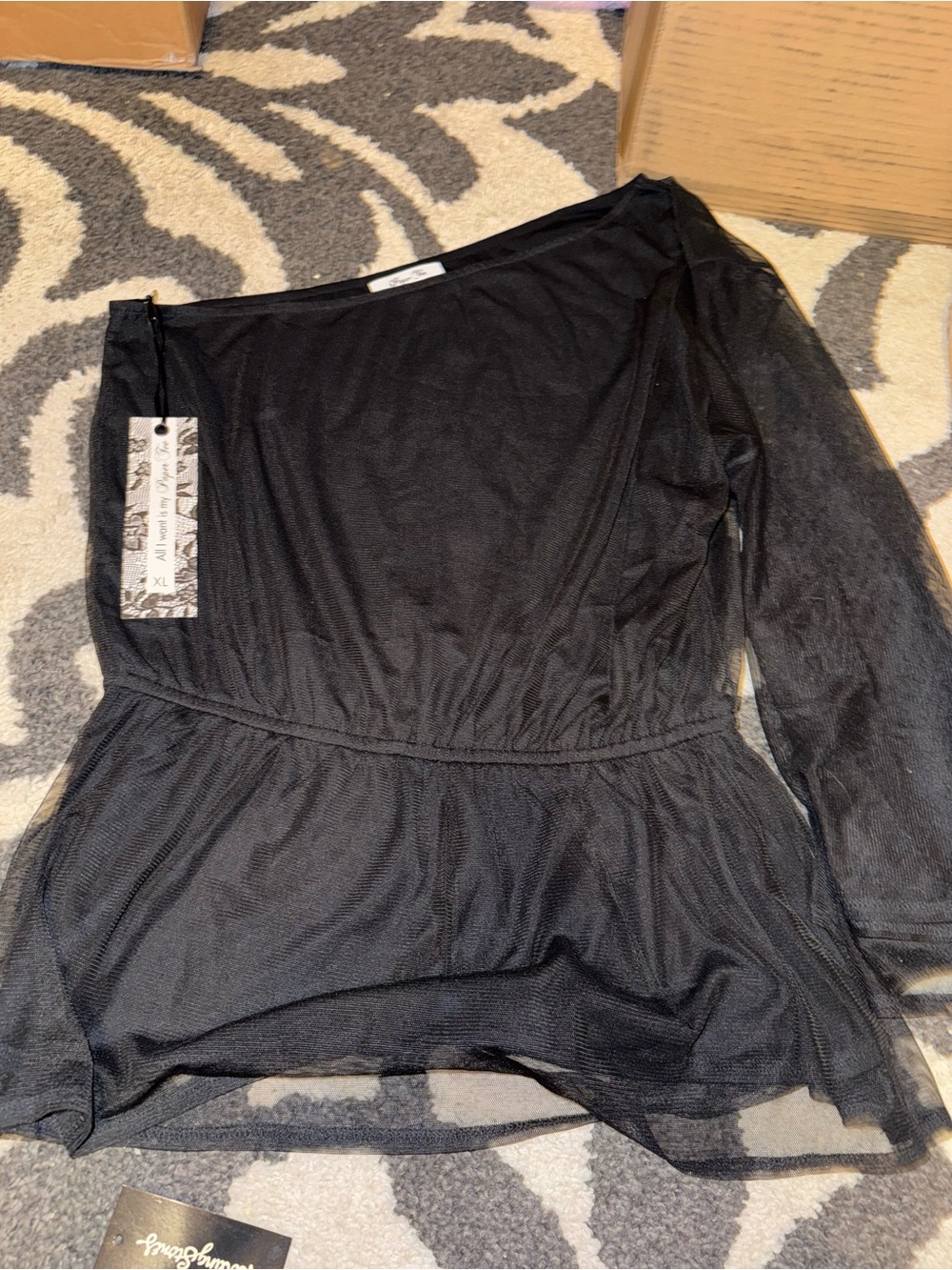 paper tee Black Sheer One-Shoulder Long Sleeve Top